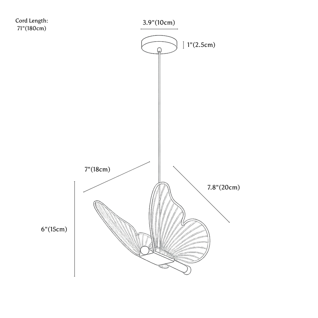 Clérachic pendant light dimension drawing, 1 Head, every measurement marked in centimetres and inches.