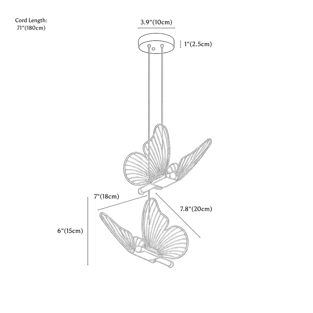 Clérachic pendant light dimension drawing, 2 Heads, every measurement marked in centimetres and inches.