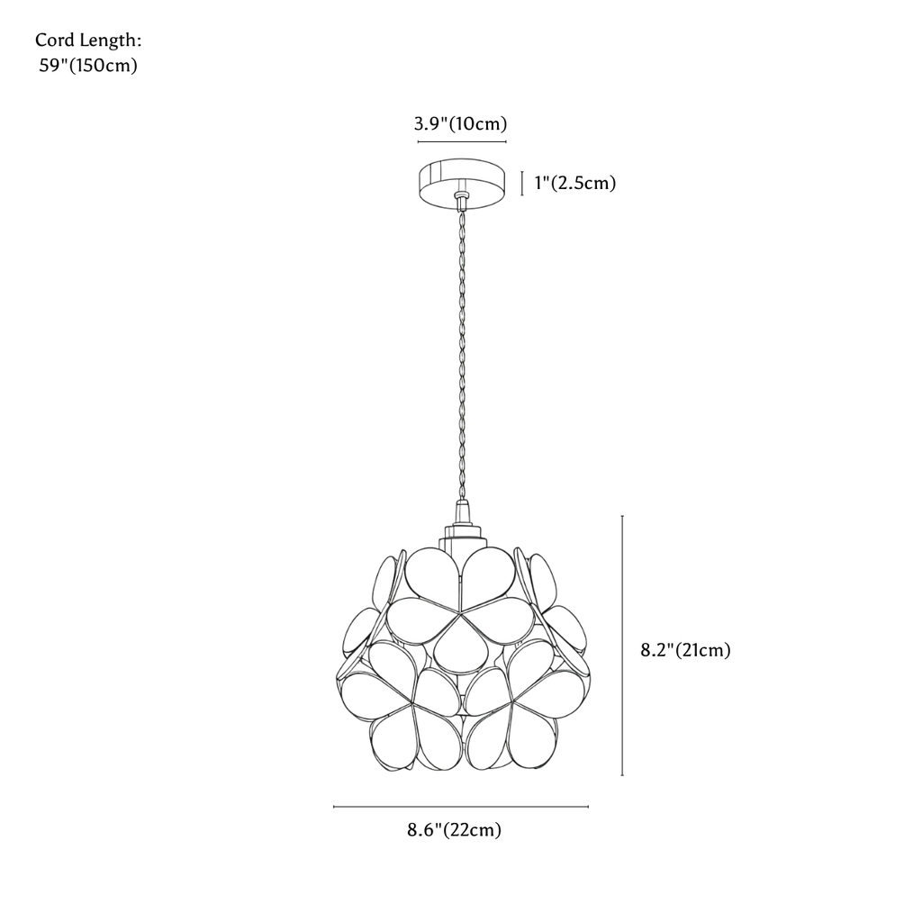 Clérachic pendant light dimension drawing, 1 head, every measurement marked in centimetres and inches.