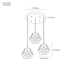 Clérachic pendant light dimension drawing, 3 heads, round, every measurement marked in centimetres and inches.