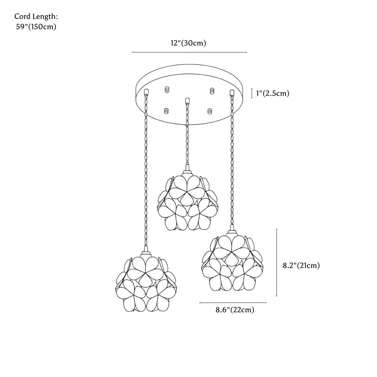 Clérachic pendant light dimension drawing, 3 heads, round, every measurement marked in centimetres and inches.