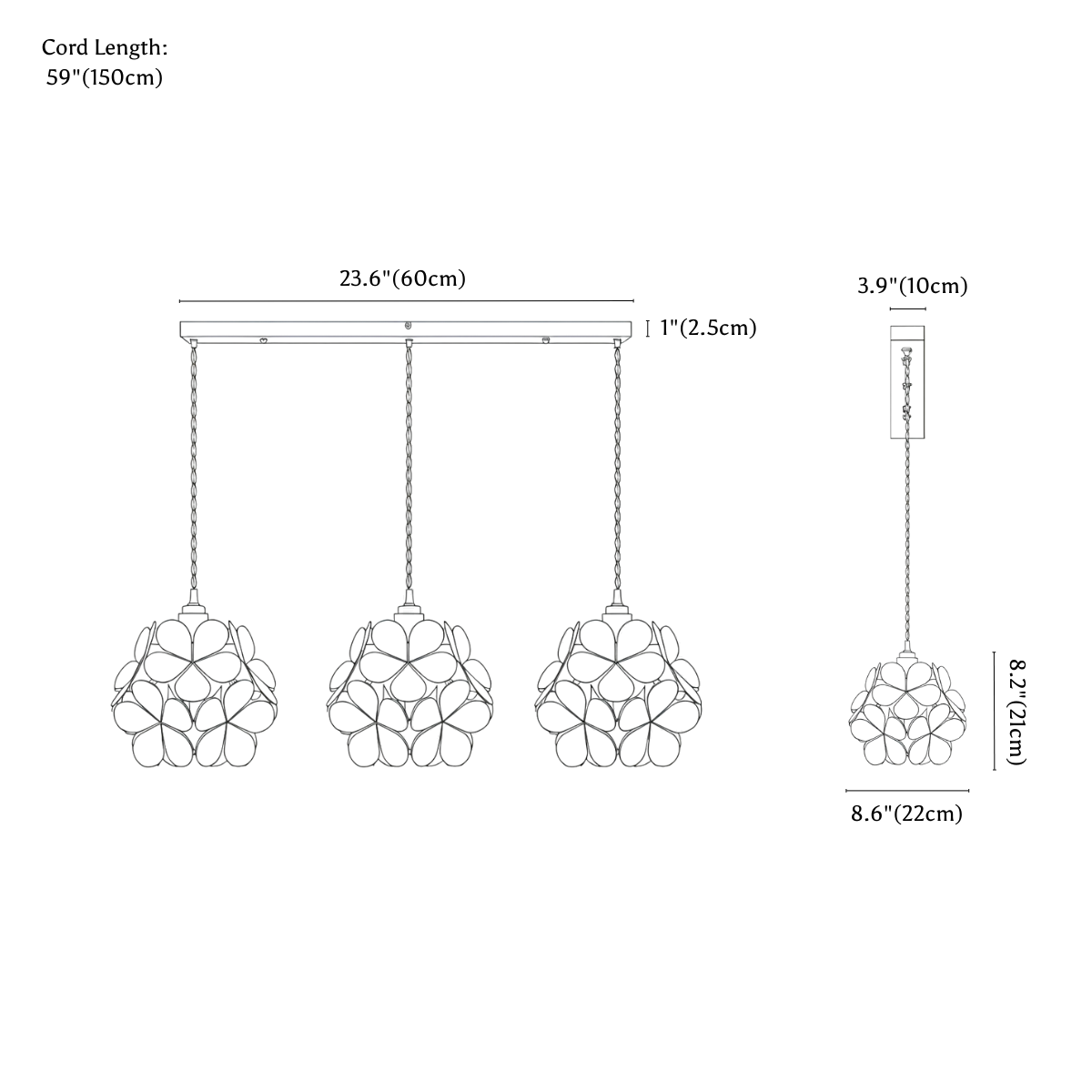 Clérachic pendant light dimension drawing, 3 heads, linear, every measurement marked in centimetres and inches.