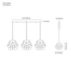 Clérachic pendant light dimension drawing, 3 heads, linear, every measurement marked in centimetres and inches.