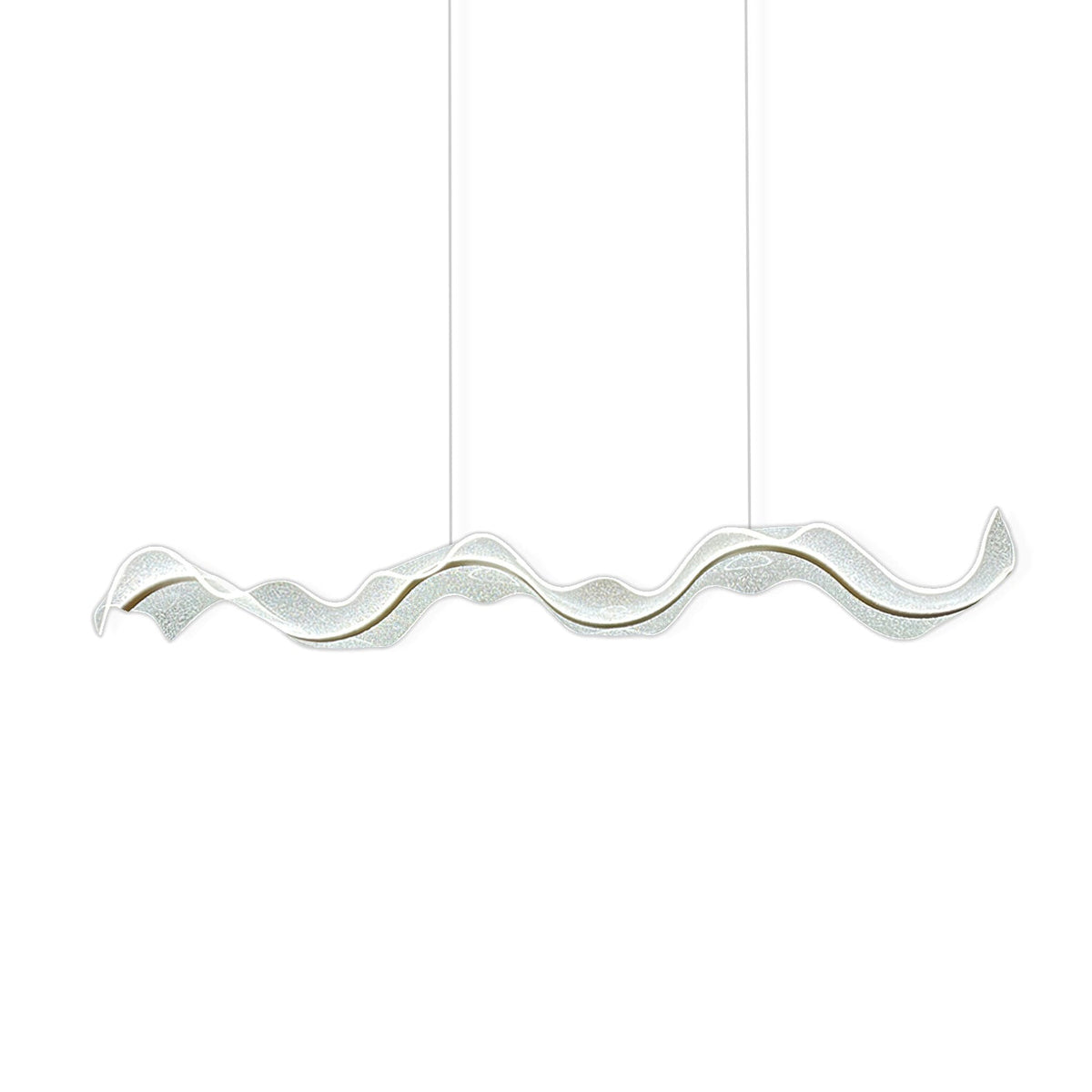 Wavy acrylic pendant with a thin gold line along its length, suspended on two wires, shown on white as a Clérachic product shot.