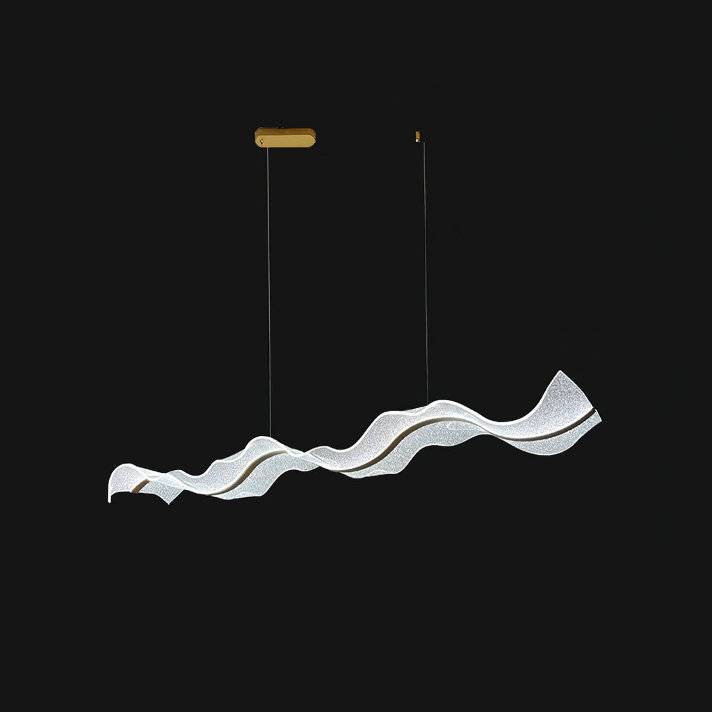 This Clérachic pendant hangs from a slim gold canopy on two wires, its white wave shape seen at an angle on a black backdrop.