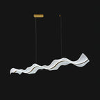 Another angle of this Clérachic pendant on a black backdrop, showing the oval gold canopy, two suspension wires and the wavy shade.