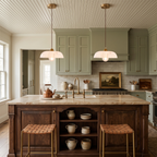 A pair of Clérachic pendants with ribbed white shades hang over a wood kitchen island, in front of sage green cabinets.