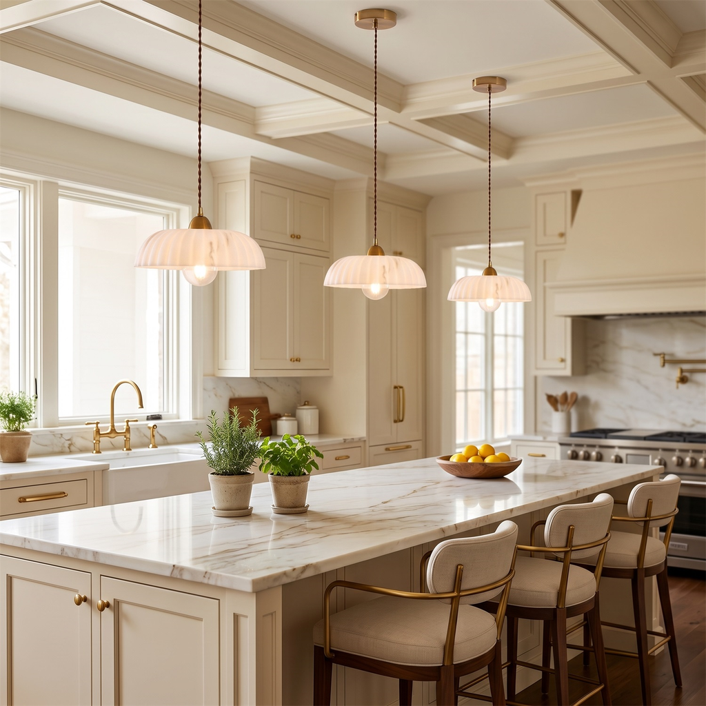 Three Clérachic pendants with scalloped white shades hang above a marble-topped island with cream stools, beside a window.