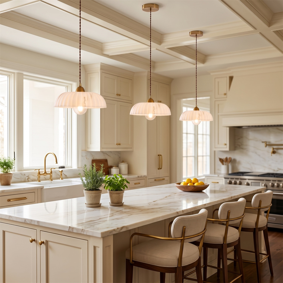 Three Clérachic pendants with scalloped white shades hang above a marble-topped island with cream stools, beside a window.