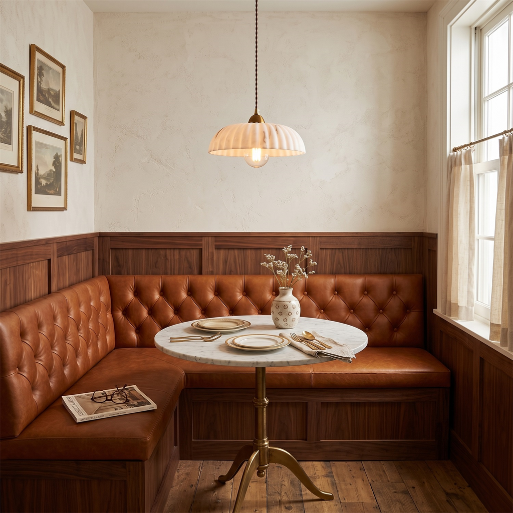 Scalloped white Clérachic pendant above a round marble table in a corner banquette with tan leather seating and wood panelling.