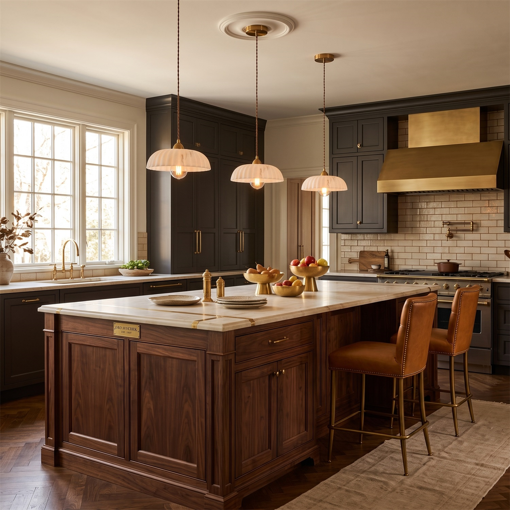 Three Clérachic pendants of ribbed white shades hang over a dark wood island, with tan leather stools and a brass range hood behind.