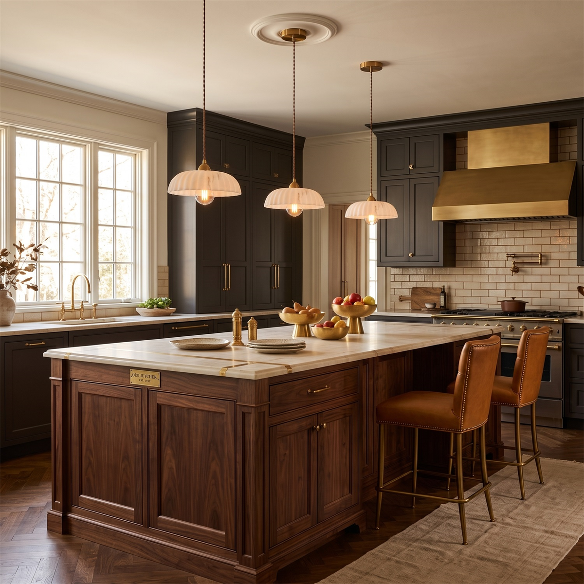 Three Clérachic pendants of ribbed white shades hang over a dark wood island, with tan leather stools and a brass range hood behind.