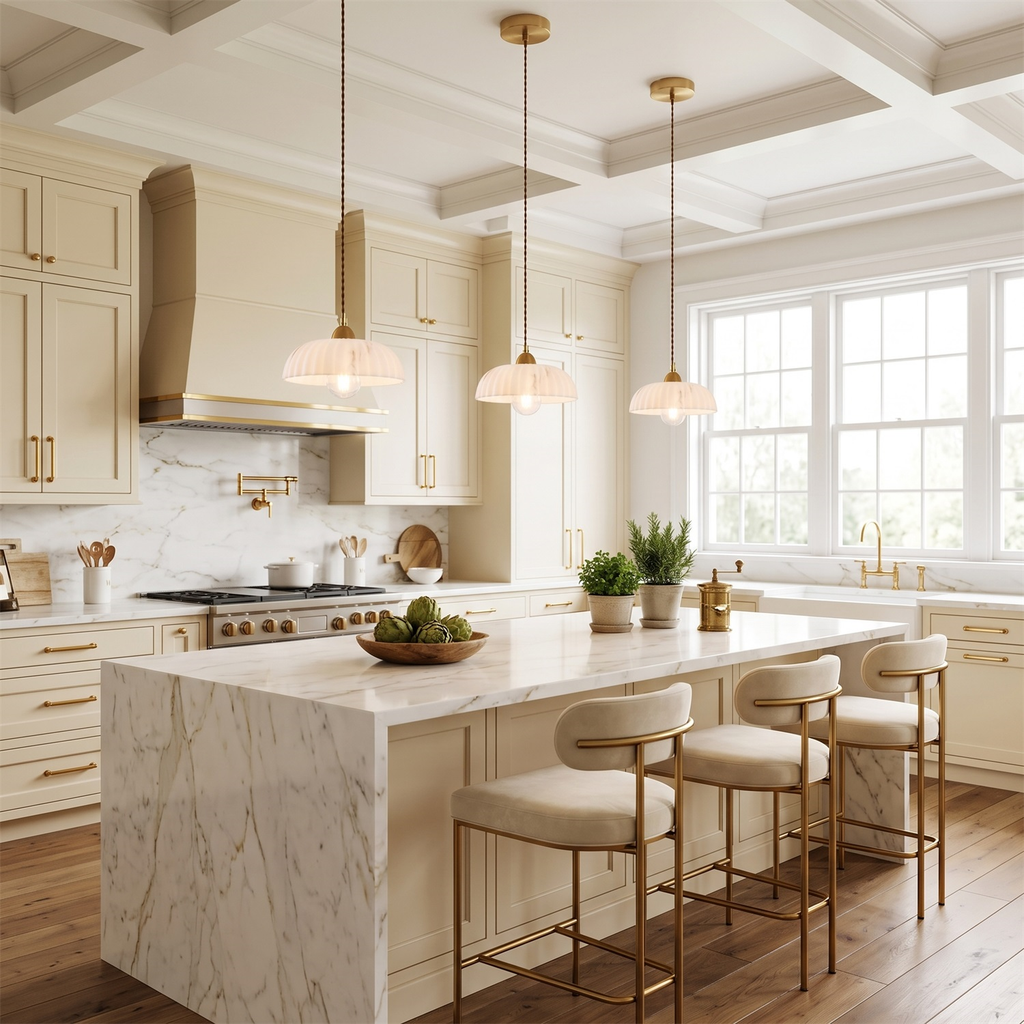 Three Clérachic pendants with white shades hang above a marble waterfall island, with cream stools and a pale kitchen behind.