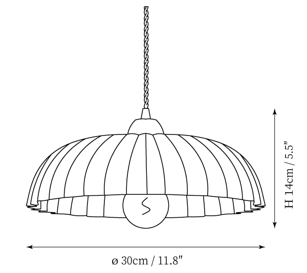 Clérachic pendant light dimension drawing, every measurement marked in centimetres and inches.