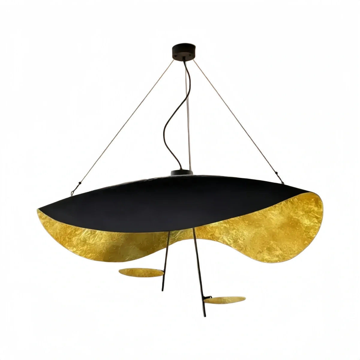 Product shot of the Clérachic gold pendant light on white, its black saucer shade curved open to show gold-leaf lining.
