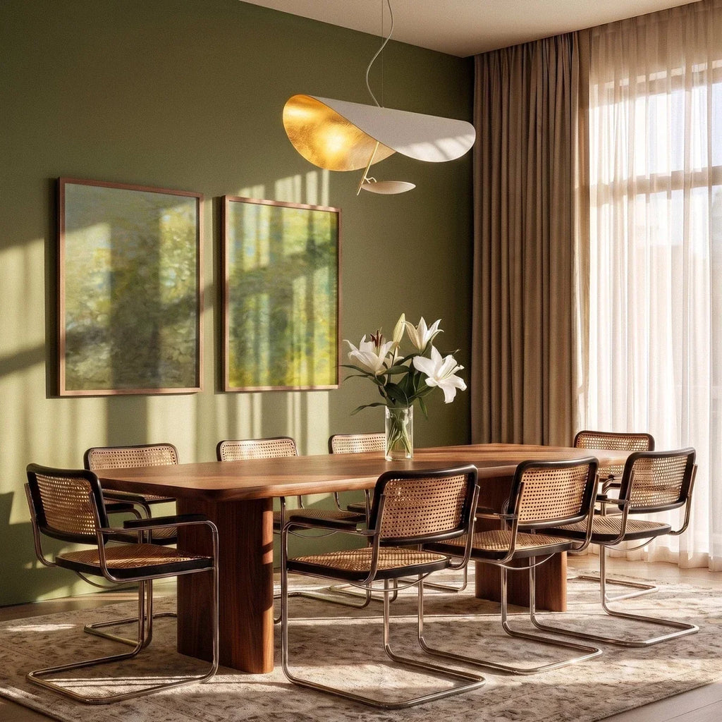 Clérachic white pendant with gold-leaf interior above a walnut dining table with cane chairs, in a green room with sheer curtains