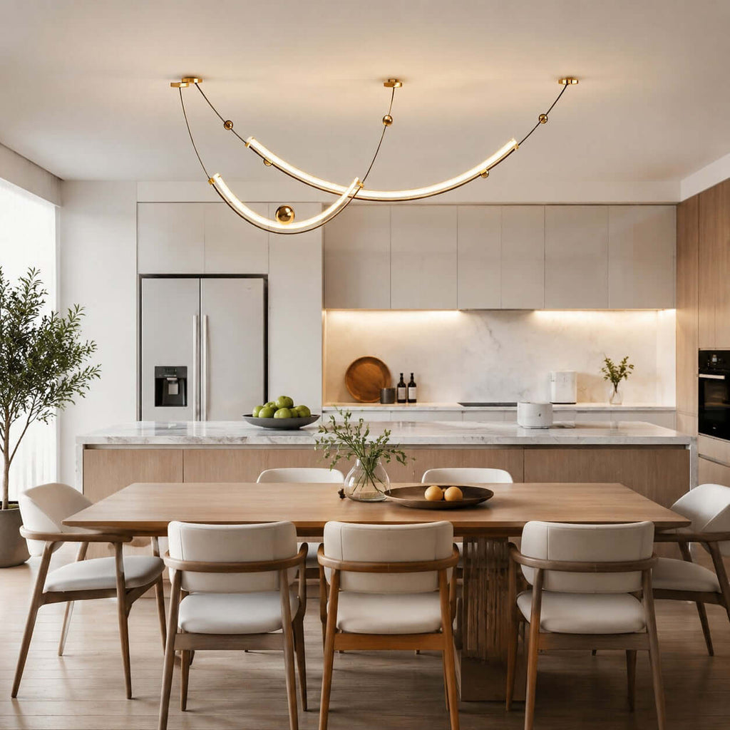 Clérachic pendant with two glowing curved strips above a wooden dining table with cream chairs, a marble-backed kitchen behind.