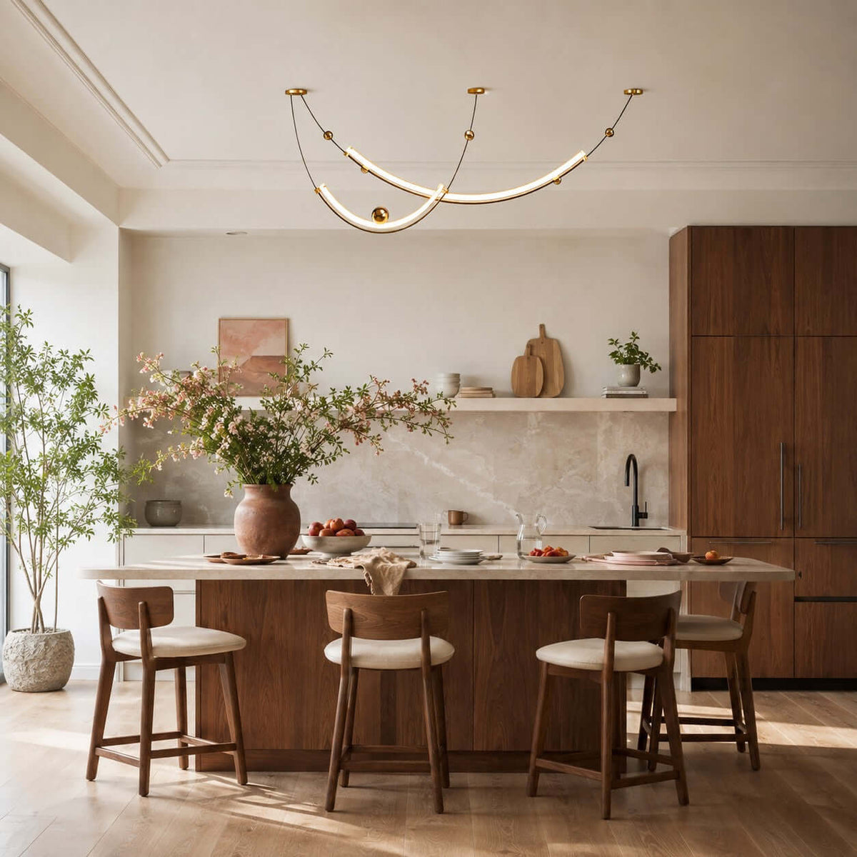 This Clérachic pendant hangs over a walnut kitchen island with four wooden bar stools and a bunch of flowers on top.