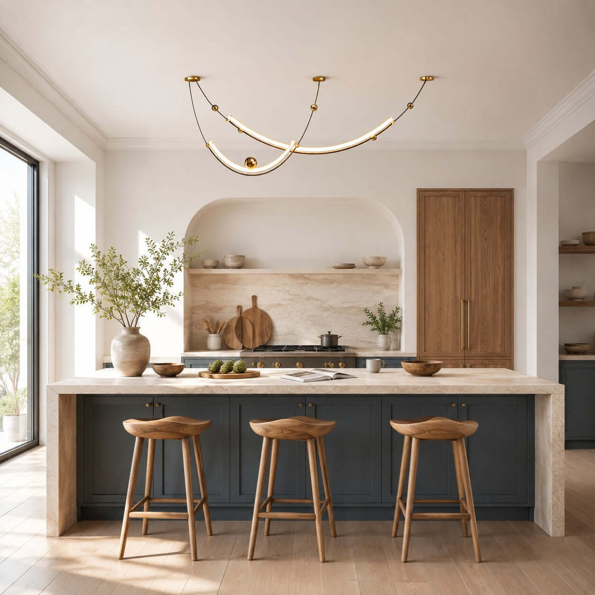 Clérachic pendant over a stone-topped island with navy cabinets and three wooden stools, an arched alcove behind.