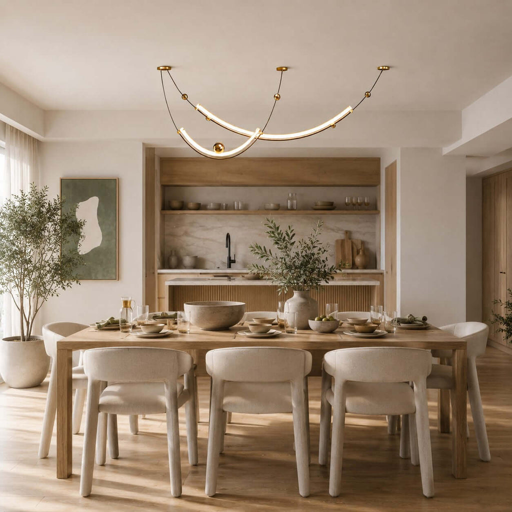 Clérachic pendant above a set dining table with six cream chairs, a green framed print and open shelves behind.