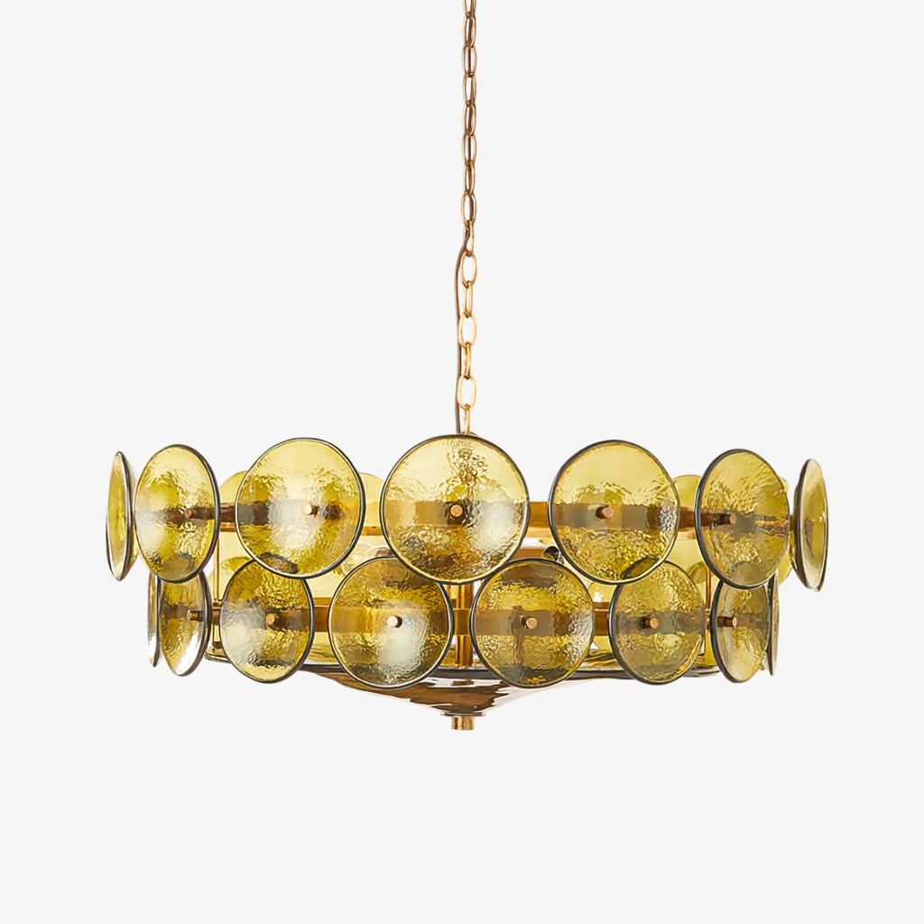 Amber-green glass discs ringed in two tiers around a gold frame, this Clérachic chandelier hangs from a fine chain against a plain white backdrop.