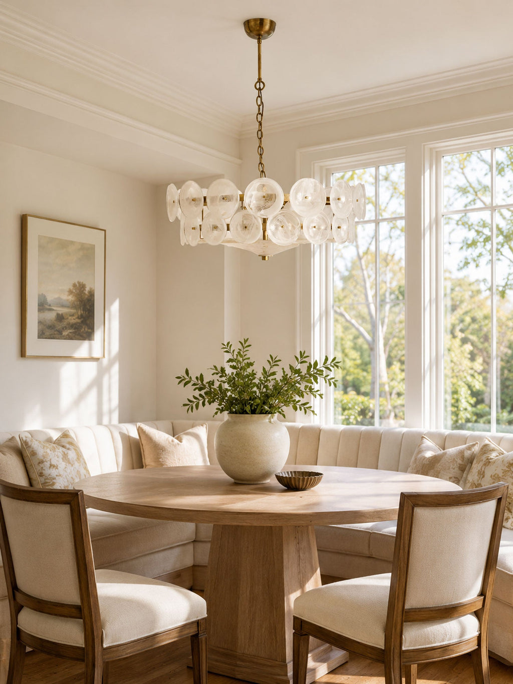 Pale white glass discs on a gold frame, this Clérachic chandelier hangs over a round wooden table and a curved cream banquette.
