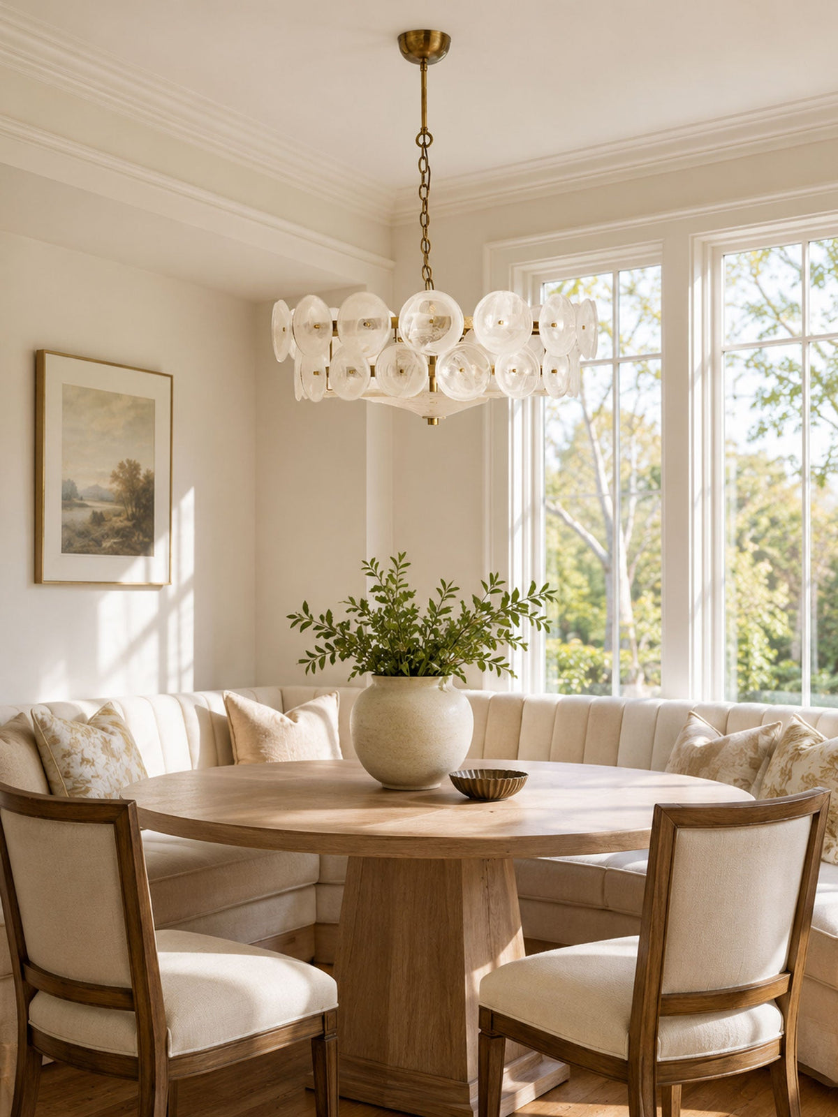Pale white glass discs on a gold frame, this Clérachic chandelier hangs over a round wooden table and a curved cream banquette.