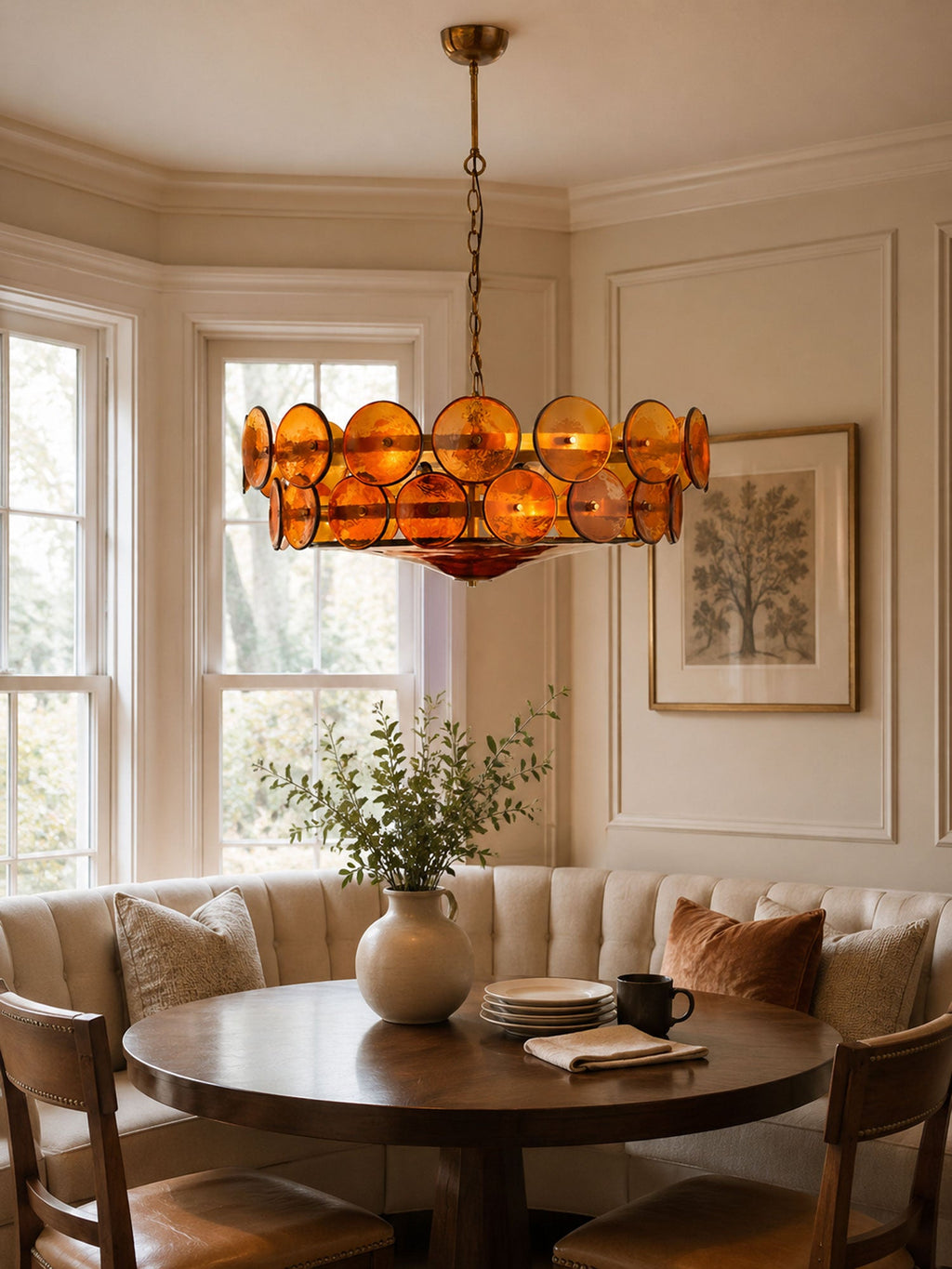 Amber glass discs glow warm orange over a dark round table and a tufted banquette, lit up in this Clérachic chandelier dining nook.