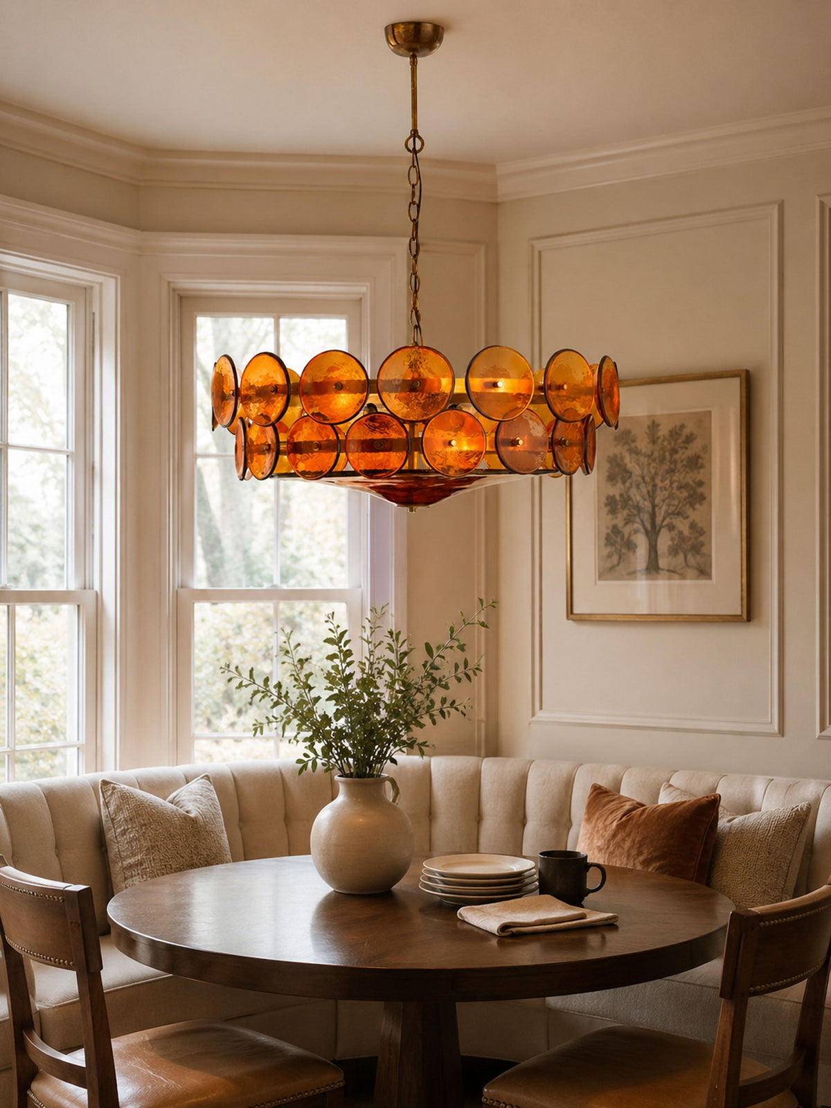Amber glass discs glow warm orange over a dark round table and a tufted banquette, lit up in this Clérachic chandelier dining nook.