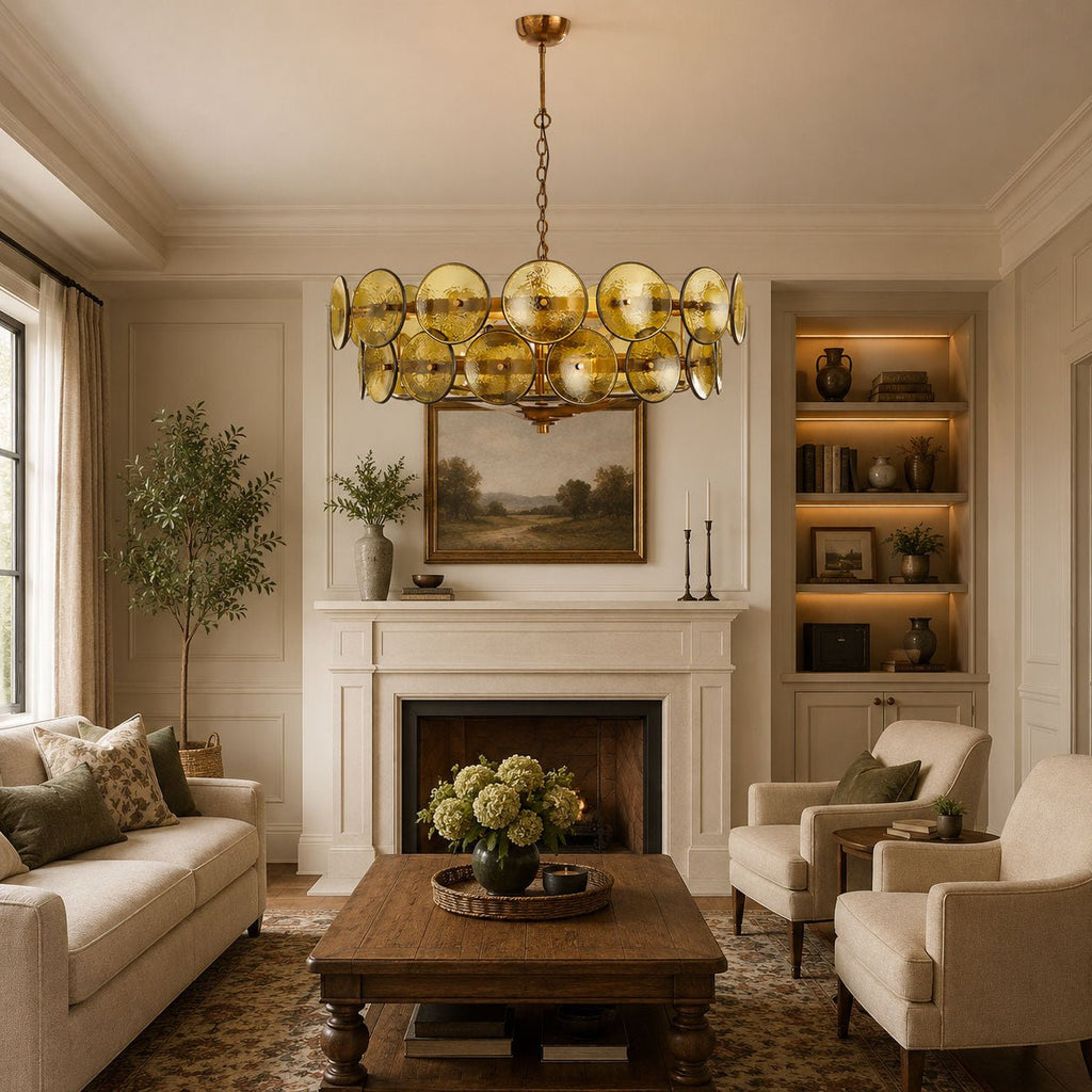 Green-gold disc chandelier hung in a living room, above a dark wood coffee table, a fireplace and a cream sofa; a Clérachic piece.