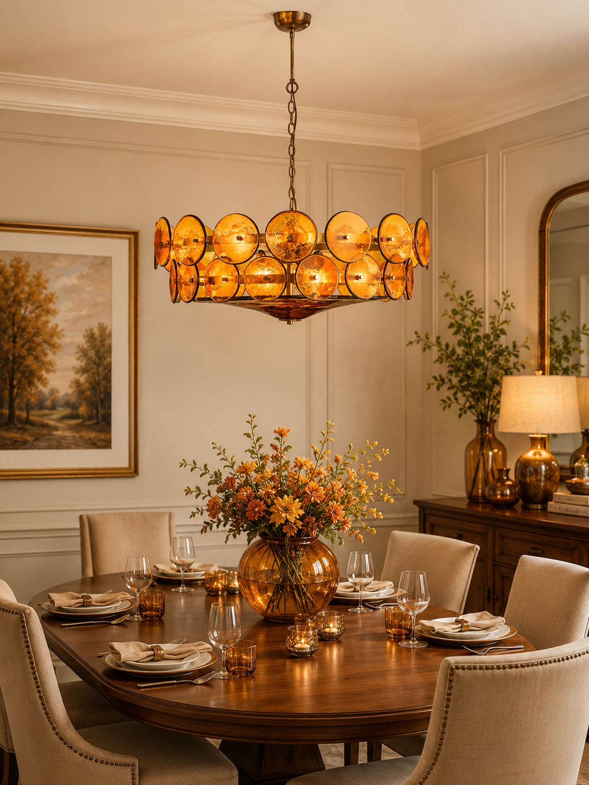 Amber glass discs lit from within over a set dining table with candles and an autumn flower arrangement, from Clérachic.