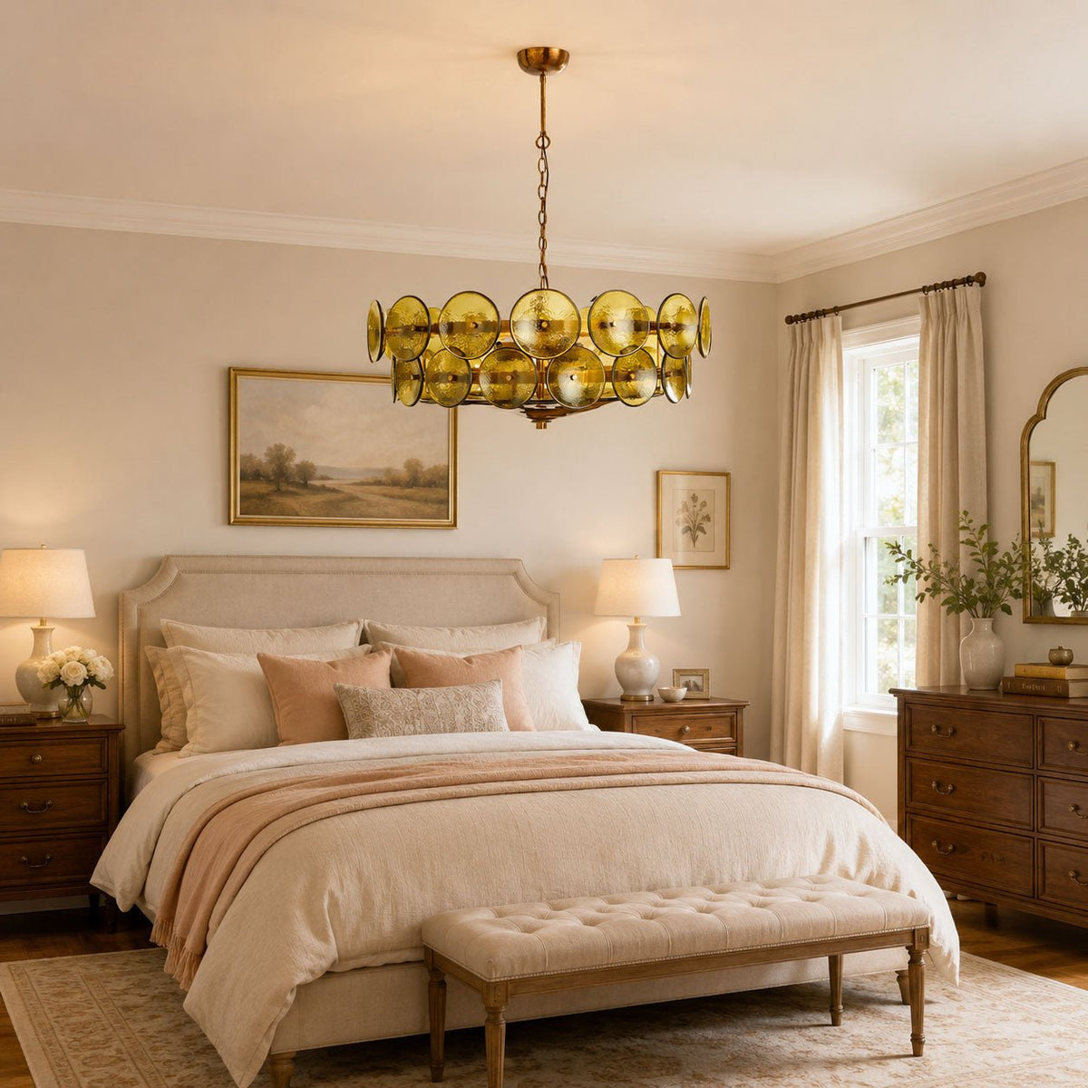 This Clérachic chandelier in green and gold glass discs hangs at the foot of a bedroom, above a cream bed and a tufted bench.