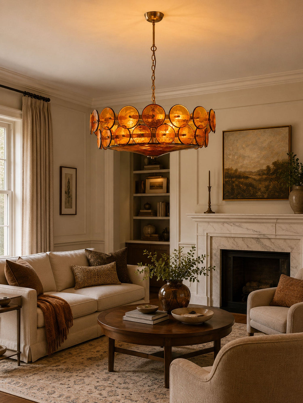 Lit amber glass discs on a Clérachic chandelier, over a round coffee table in a living room with a marble fireplace.