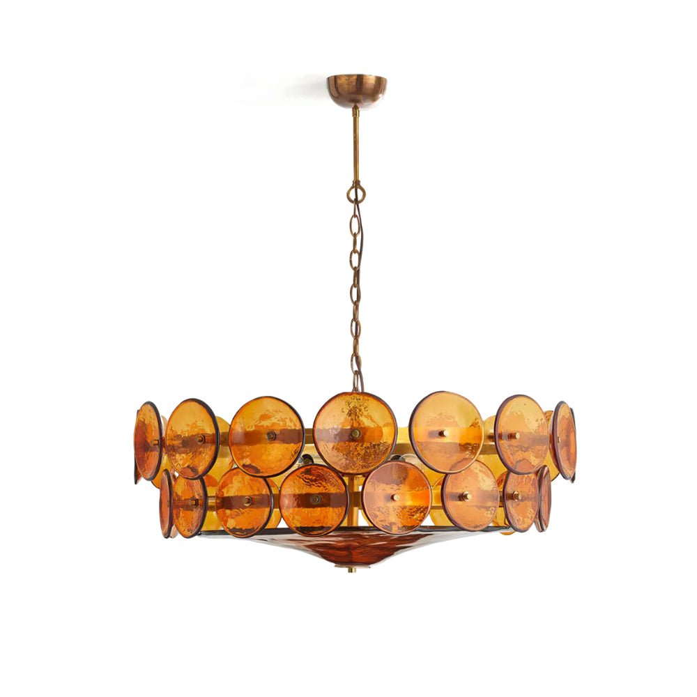 Amber glass disc chandelier from Clérachic, front on, with two tiers of discs and a bronze-toned canopy on white.