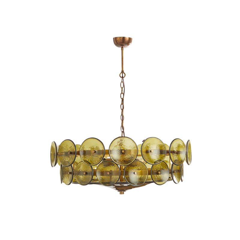 Green and gold Clérachic chandelier with olive glass discs in two tiers, hanging on a chain against a white backdrop.