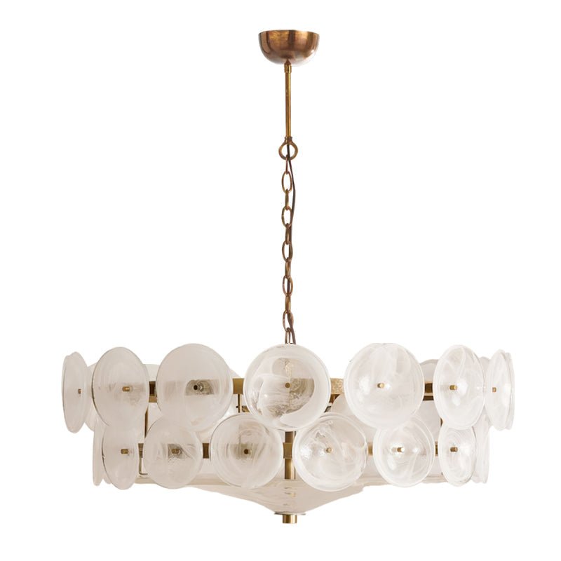 Larger white glass disc chandelier from Clérachic with frosted swirled discs, hanging on a thin chain against white.