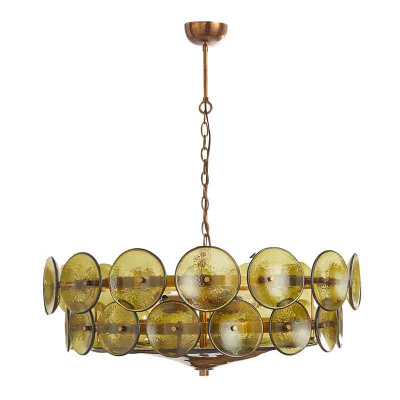 Large green-gold disc chandelier from Clérachic, shown straight on with olive glass discs and an aged brass chain on white.