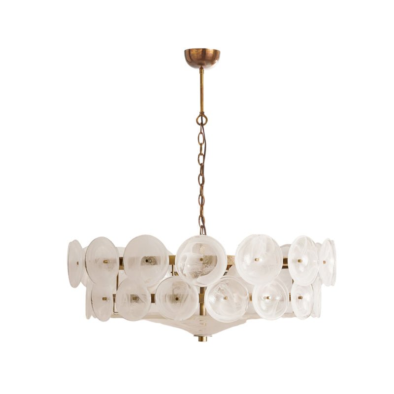 White frosted disc chandelier from Clérachic with swirled glass and a gold frame, hanging against a plain white background.