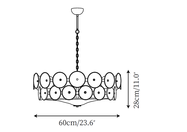 Dimension drawing of this Clérachic chandelier, with its 60 cm width and 28 cm height marked.