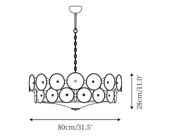 Dimension drawing of the mid-size Clérachic chandelier, with its 80 cm width and 28 cm height marked.
