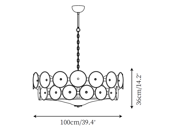 Dimension drawing of the largest Clérachic chandelier, with its 100 cm width and 36 cm height marked.