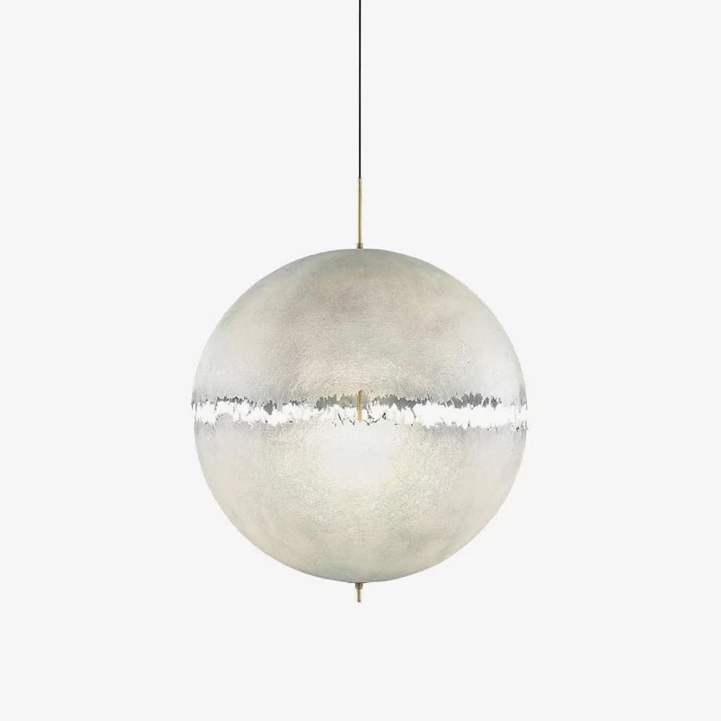 White frosted sphere with a jagged clear band around its middle, on a thin cord with a gold-toned stem, this Clérachic pendant on a plain backdrop.