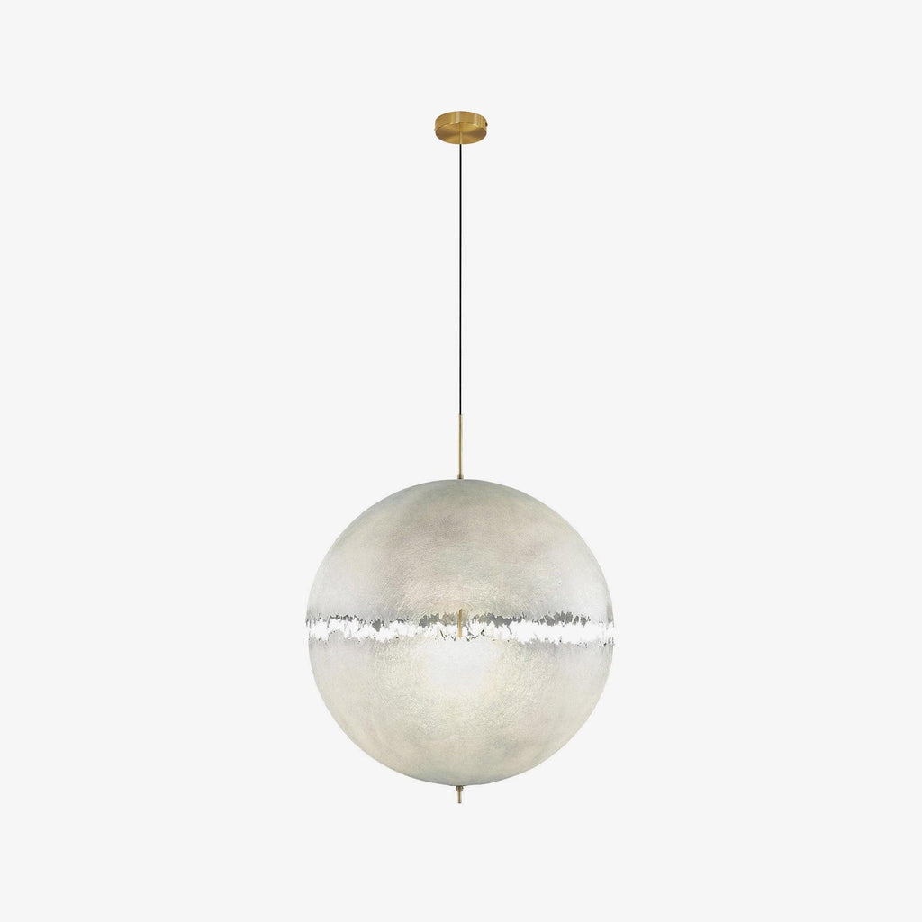 A pale sphere with a narrow ragged band across its middle on a slim cord with a brass-toned canopy, this Clérachic pendant on white.