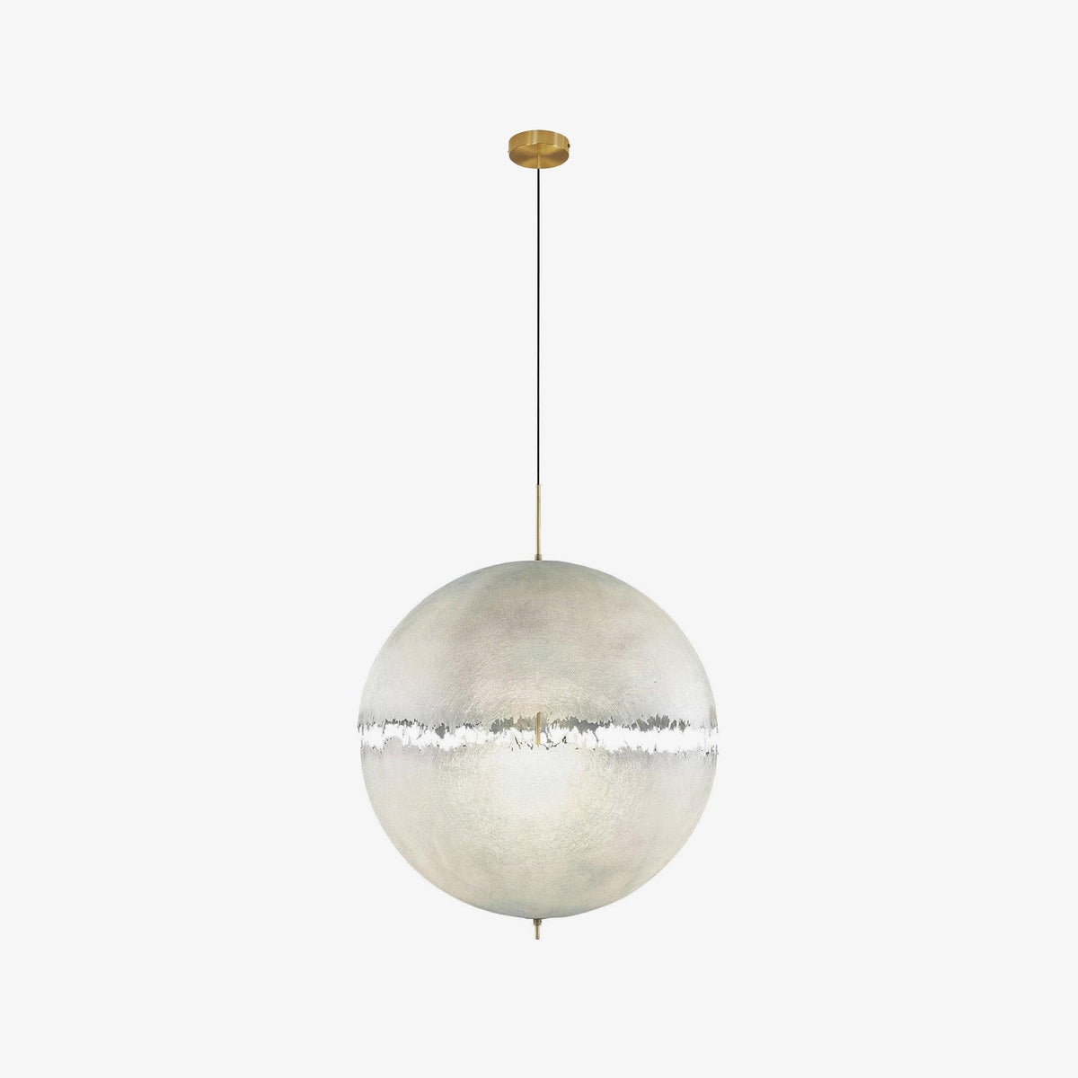 A pale sphere with a narrow ragged band across its middle on a slim cord with a brass-toned canopy, this Clérachic pendant on white.