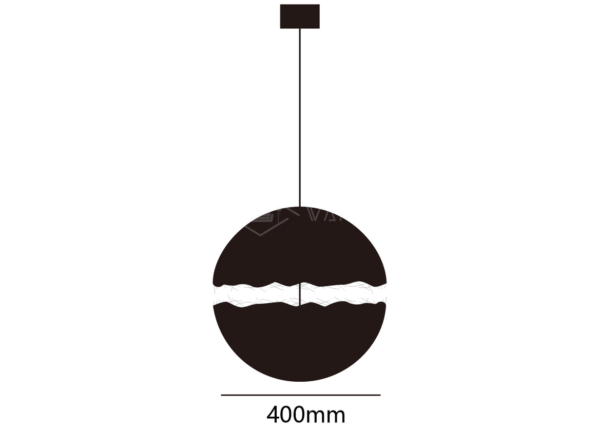 Clérachic pendant light dimension drawing, 1 of 2, every measurement marked in centimetres and inches.