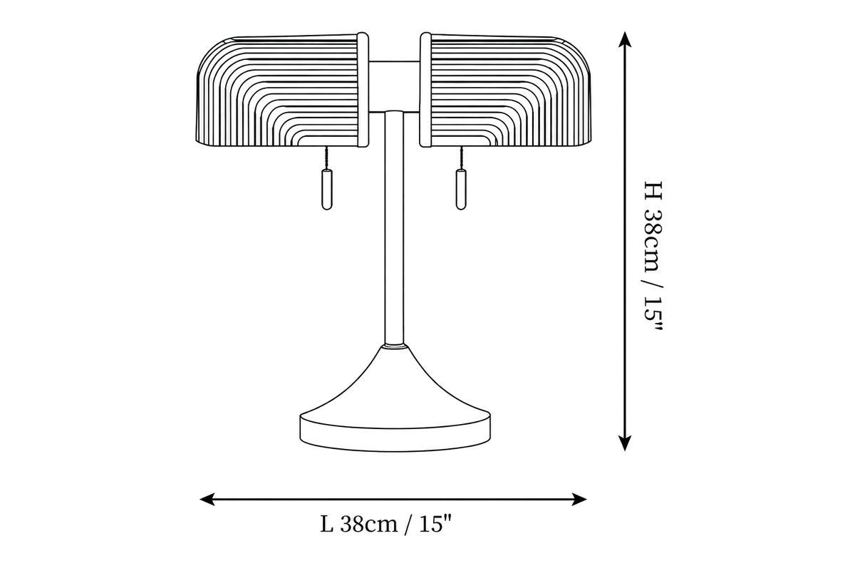 Dimension drawing of this Clérachic table lamp, with its height of 38 cm and width of 38 cm marked.