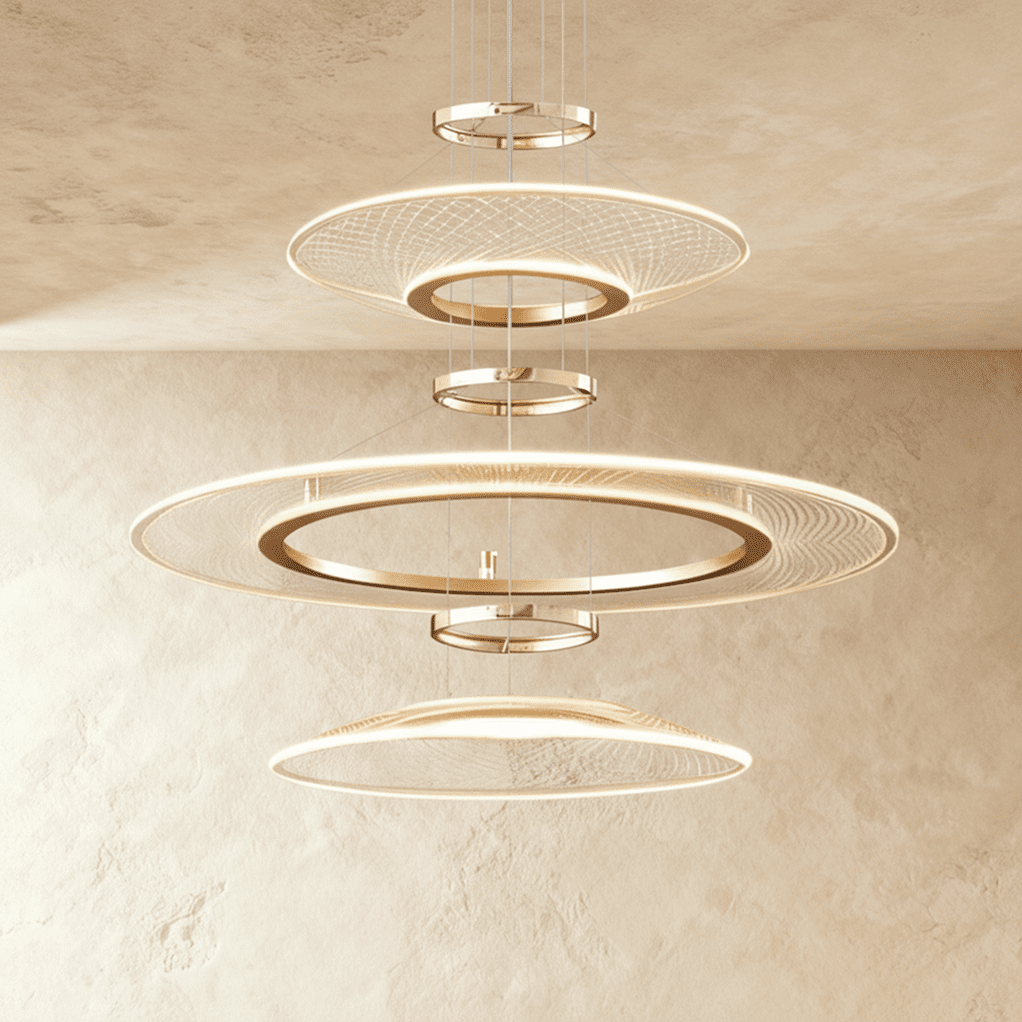 Clérachic three-tier gold ring chandelier with mesh acrylic discs and slim LED edges, hung against a limewashed wall.