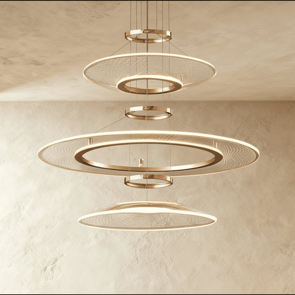 Clérachic gold chandelier of three stacked LED rings with fine mesh acrylic panels and small connecting rings, front view.