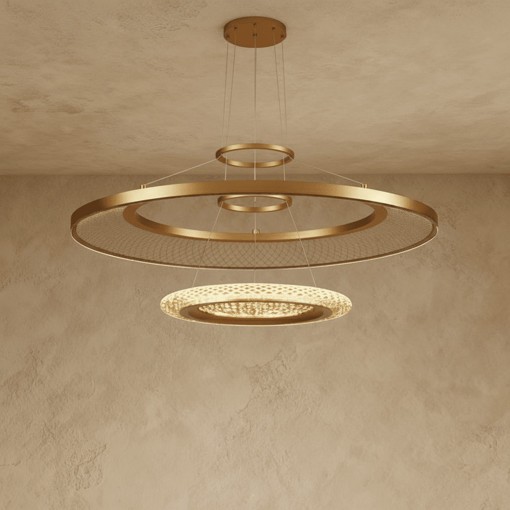 Clérachic two-ring gold LED chandelier with a large mesh-filled ring over a smaller lit acrylic disc, shown on plaster.