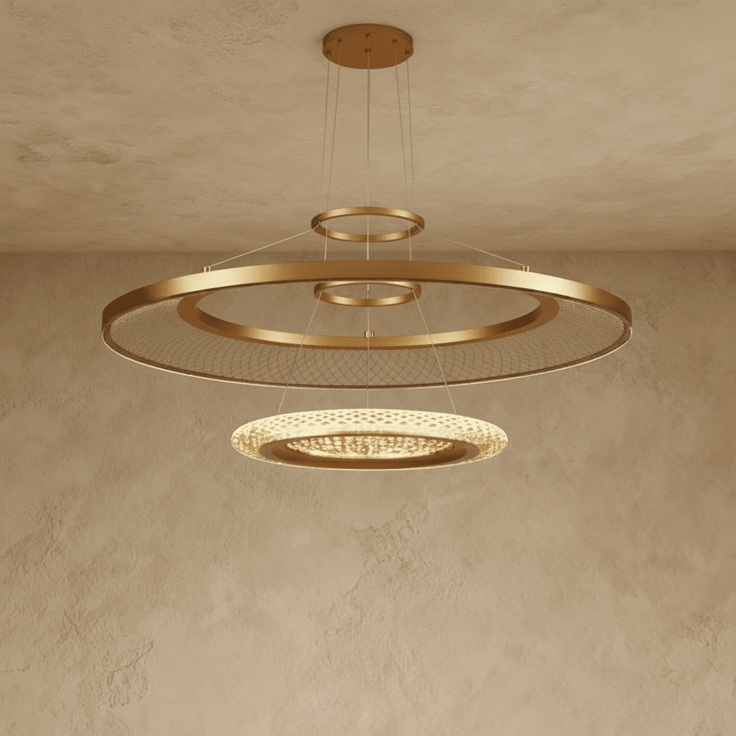 Clérachic two-ring gold LED chandelier with a large mesh-filled ring over a smaller lit acrylic disc, shown on plaster.
